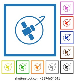 Satellite in orbit solid flat color icons in square frames on white background