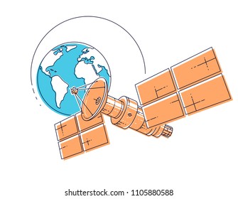 Satellite orbiting around earth, spaceflight, communication spacecraft space station with solar panels and satellite antenna plate. Thin line 3d vector illustration.