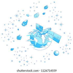 Satellite orbiting around earth, spaceflight, communication spacecraft space station with solar panels and satellite antenna plate, under asteroid rain and stars. Vector.