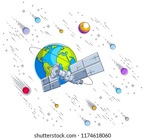 Satellite orbiting around earth, spaceflight, communication spacecraft space station with solar panels and satellite antenna plate, under meteor rain and stars. Vector.