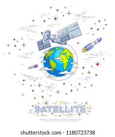 Satellite orbiting around earth, spaceflight, communication spacecraft space station with solar panels and satellite antenna plate, with rockets, stars and other elements. Vector.