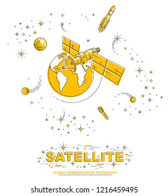 Satellite orbiting around earth, spaceflight, communication spacecraft space station with solar panels and satellite antenna plate, with rockets, stars and other elements. Vector.