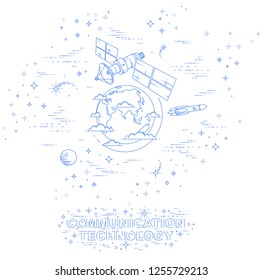Satellite orbiting around earth, spaceflight, communication spacecraft space station with solar panels and satellite antenna plate, surrounded by stars and other elements. Vector.