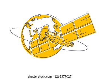 Satellite orbiting around earth, spaceflight, communication spacecraft space station with solar panels and satellite antenna plate. Thin line 3d vector illustration.
