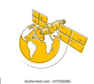 Satellite orbiting around earth, spaceflight, communication spacecraft space station with solar panels and satellite antenna plate. Thin line 3d vector illustration.