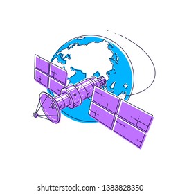 Satellite orbiting around earth, spaceflight, communication spacecraft space station with solar panels and satellite antenna plate. Thin line 3d vector illustration.