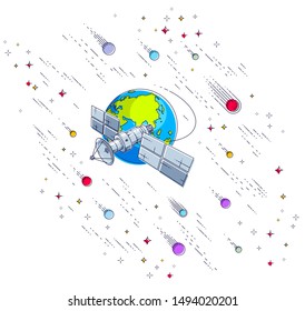 Satellite orbiting around earth, spaceflight, communication spacecraft space station with solar panels and satellite antenna plate, under meteor rain and stars. Vector.