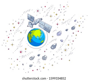 Satellite orbiting around earth, spaceflight, communication spacecraft space station with solar panels and satellite antenna plate, surrounded by stars and other elements. Vector.