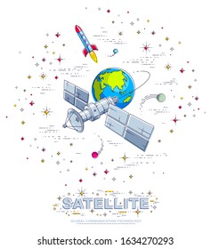 Satellite orbiting around earth, spaceflight, communication spacecraft space station with solar panels and satellite antenna plate, with rockets, stars and other elements. Vector.
