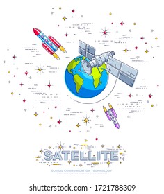 Satélite orbitando alrededor de la Tierra, vuelo espacial, estación espacial de naves espaciales de comunicaciones con paneles solares y placa de antena satelital, con cohetes, estrellas y otros elementos. Vector.