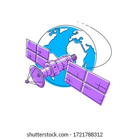 Satellite orbiting around earth, spaceflight, communication spacecraft space station with solar panels and satellite antenna plate. Thin line 3d vector illustration.