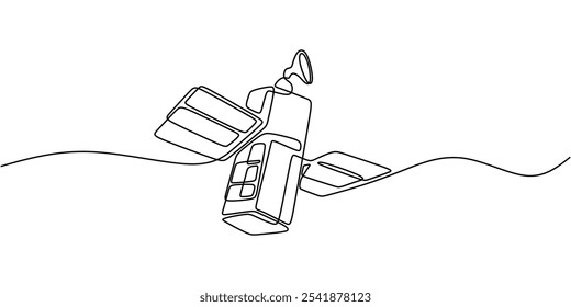 Satellite orbiting in continuous one line drawing. Space concept in a minimalist style for technology and exploration.