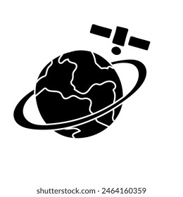 Satélite orbitando tierra negro dibujado a mano icono