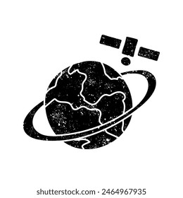 Satellite orbiting earth black hand drawn icon in grunge look