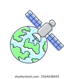 Satellite orbiting the earth with solar panels and dish antenna, symbolizing communication and space technology. Earth is shown with green land and blue oceans