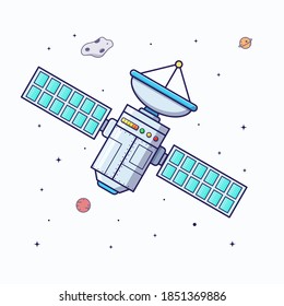 Ein Satellit, der den Planeten Erde im flachen Stil umkreist, Cartoon-Illustration. Das Technologiekonzept ist isoliert. Telekommunikation, Astronomie, Wissenschaft, Orbit und Erforschung.