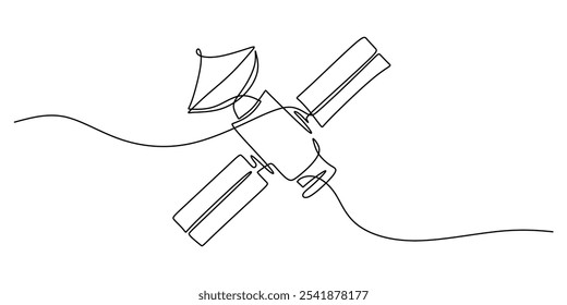 Satellite orbiting in space in continuous one line drawing. Minimalist technology concept for space exploration.