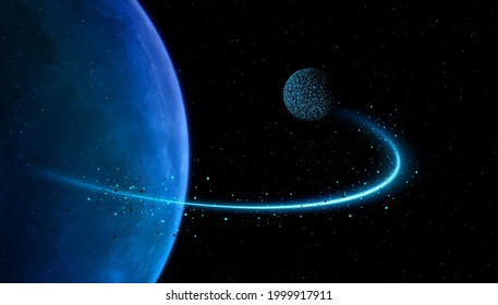 The satellite orbits around blue planet. Abstract vector technology astronomical background.