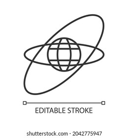 Satellite orbits, trajectories linear icon. Geostationary orbit. Low, Medium, High Earth orbit. Thin line customizable illustration. Contour symbol. Vector isolated outline drawing. Editable stroke