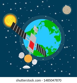 Satellite over a space background with the earth planet - Vector