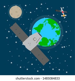 Satellite over a space background with the earth planet - Vector
