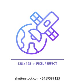 Icono de vector lineal de gradiente perfecto de píxel satelital. Vehículo de lanzamiento. La órbita terrestre. Sistema de posicionamiento global. Símbolo de color de línea delgada. Pictograma de estilo moderno. Dibujo de contorno aislado del vector