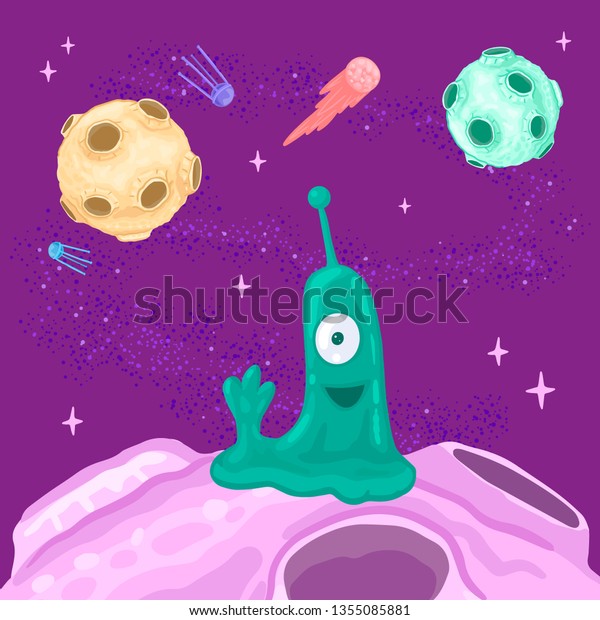 Satellite of the\
planet with craters. Green aliens welcome. Space flying object.\
Cute vector drawing of the planet. The space around, the stars on\
the background. Cartoon\
object