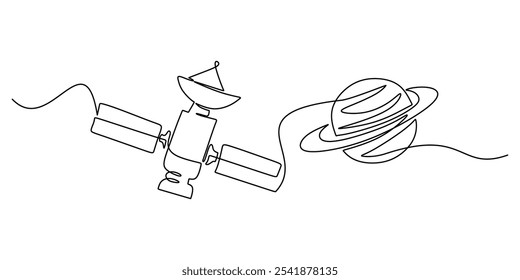 Satélite e planeta Saturno em desenho contínuo de uma linha. Conceito espacial minimalista com tecnologia e exploração planetária.