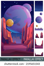 Satellite planets in space. Rocky landscape. Starry night sky. Image from layers for overlay with parallax effect. Beautiful stone scenery. Cartoon flat style design. Vector