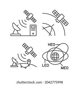 Satellite radionavigation linear icons set. Transmission Control Protocol standarts. Satellite orbits. Customizable thin line contour symbols. Isolated vector outline illustrations. Editable stroke