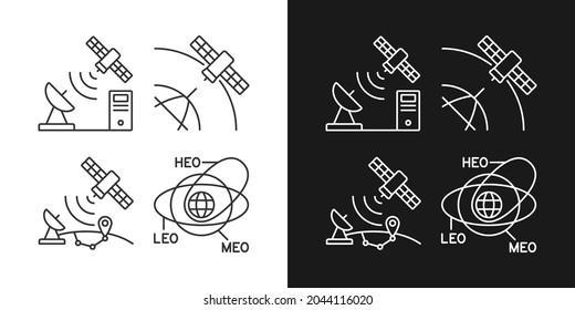 Satellite radionavigation linear icons set for dark and light mode. Transmission Control Protocol standarts. Customizable thin line symbols. Isolated vector outline illustrations. Editable stroke