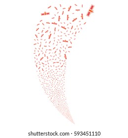 Satellite random fireworks stream. Vector illustration style is flat intensive red and orange iconic symbols on a white background. Object fountain created from scattered design elements.