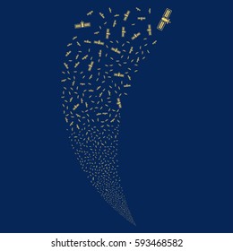 Satellite random fireworks stream. Vector illustration style is flat yellow iconic symbols on a blue background. Object fountain done from scattered design elements.