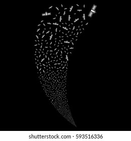 Satellite random fireworks stream. Vector illustration style is flat white iconic symbols on a black background. Object fountain done from scattered symbols.