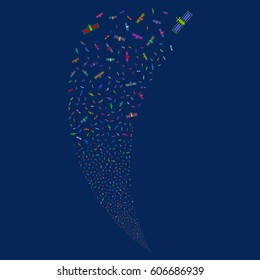 Satellite random fireworks stream. Vector illustration style is flat bright multicolored iconic symbols on a blue background. Object fountain organized from scattered symbols.