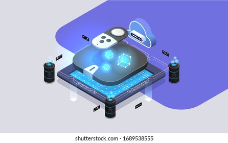 Satellite receiver, Digital media player setup box with remote. Modern isometric illustration.