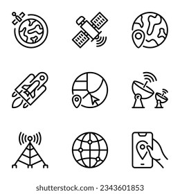 satellite related vector line icons set. orbit, telecommunication, networking, broadcast, globe, stroke, wireless, atmosphere, connect, system, global, map, navigation, network
