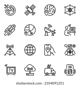 satellite related vector line icons set. orbit, telecommunication, networking, broadcast, globe, stroke, wireless, atmosphere, connect, system, global, map, navigation, network