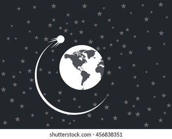 The satellite revolves around a planet in space. Vector illustration.