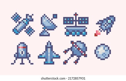 Satellit, Raketenstrahler-Pixelart. Raumschiff, Kollektion von Raumfahrzeugen. 8-Bit-Sprite. Spielentwicklung, mobile App.  Einzige Vektorgrafik.