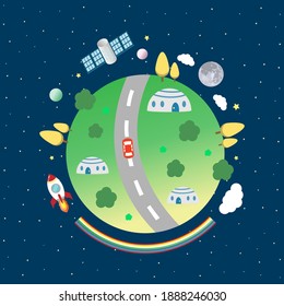satellite, rocket, planets, cloud and moon orbit around the world cartoon vector