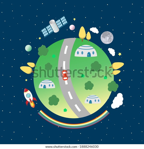 satellite, rocket, planets, cloud and moon orbit\
around the world cartoon\
vector