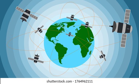 Satellite route that orbits the earth and outer space with orange line, Satellite and globe isolated on blue background, Vector illustration