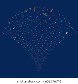 Satellite salute stream. Vector illustration style is flat bright multicolored iconic symbols on a blue background. Object source fountain organized from random pictograms.