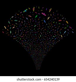 Satellite salute stream. Vector illustration style is flat bright multicolored iconic symbols on a black background. Object fireworks fountain combined from random icons.