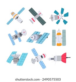 satellite set cartoon. planet world, satellite globe, map future satellite sign. isolated symbol vector illustration