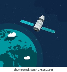 Satellite ship in orbit of outer space earth planet vector illustration flat cartoon, station flying around world in cosmos or universe closeup