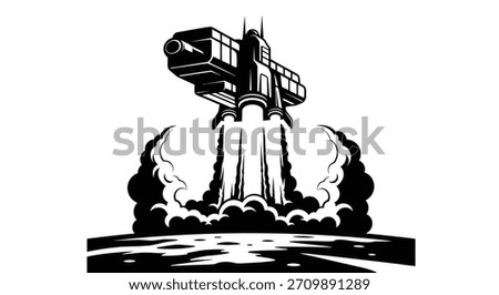 A satellite is shown launching upwards with powerful rocket boosters emitting smoke and flames.