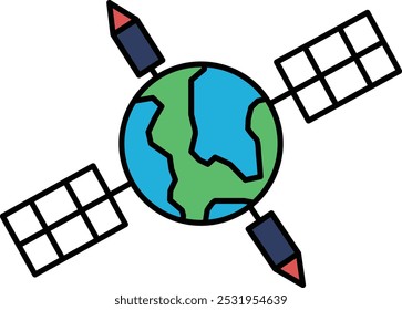 Um satélite é mostrado no meio de um globo. O satélite é cercado por um círculo azul e verde. O globo é mostrado em um fundo branco