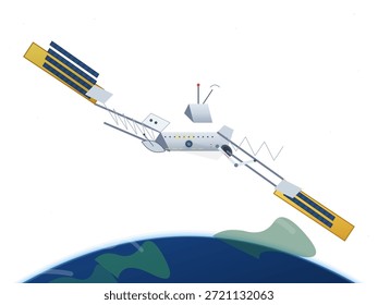 A satellite is shown orbiting the planet Earth. It is gathering information from the atmosphere and surface while in space. The Earth is visible below the satellite.